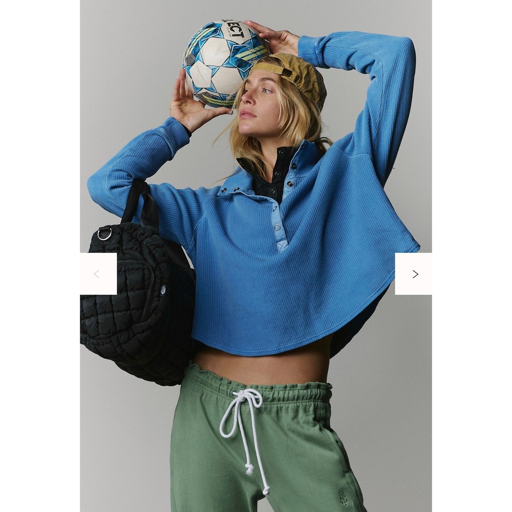 Free People Movement So Fly Henley Blue Ribbed Cropped Mock Neck Pullover XS NEW